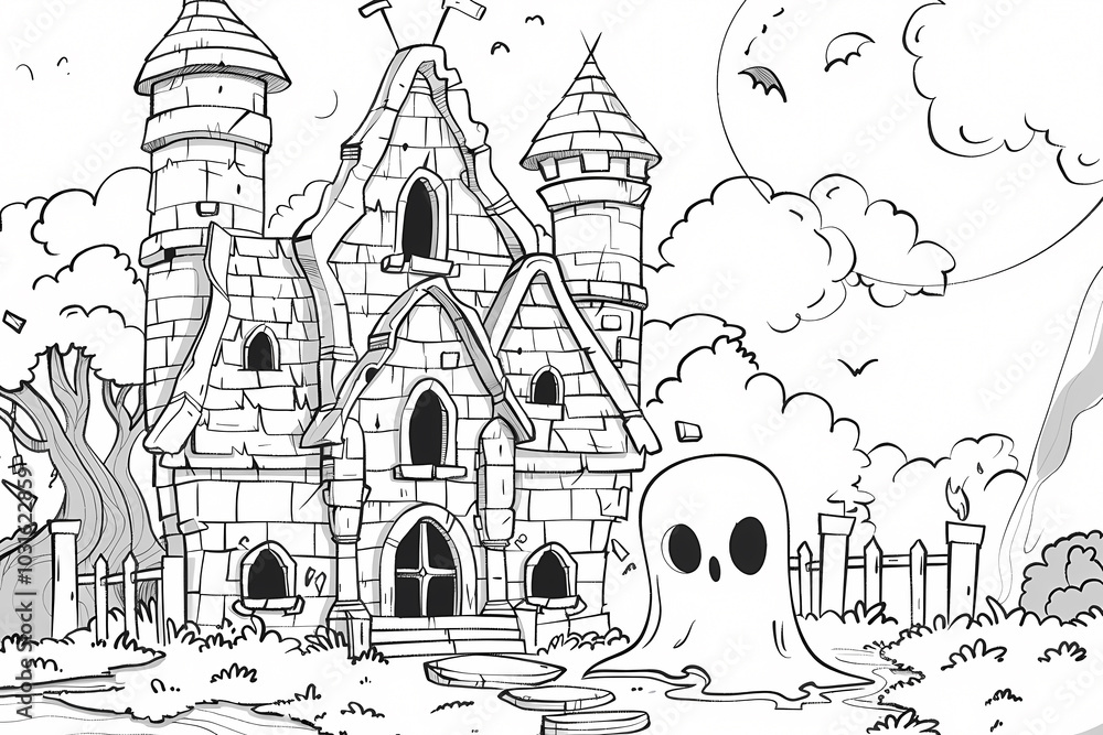 A whimsical black-and-white illustration of a spooky castle with a ghostly figure, set amidst a cloudy sky and eerie atmosphere. A whimsical black-and-white illustration of a spooky castle with a ghostly figure, set amidst a cloudy sky and eerie atmosphere.