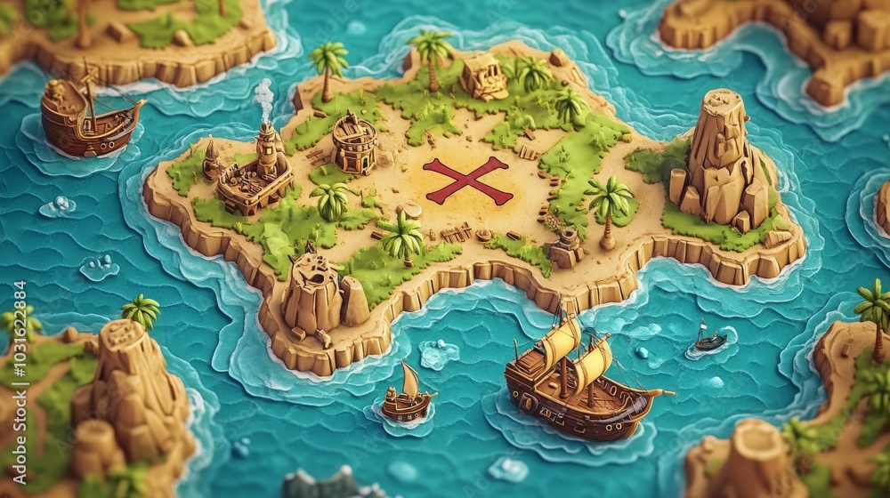 Cartoon-style map of a treasure island with X marks the spot and pirate ships. Cartoon-style map of a treasure island with X marks the spot and pirate ships.