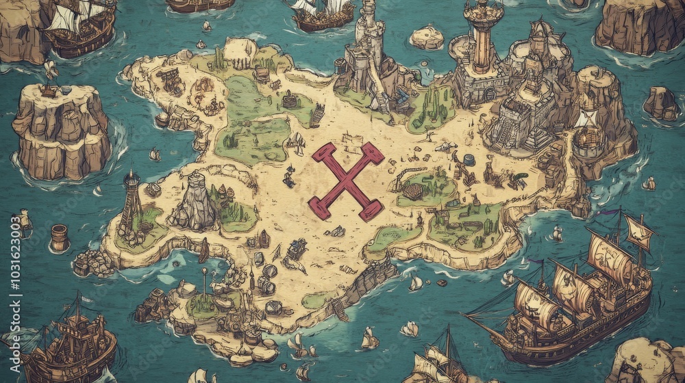Naklejka premium Cartoon-style map of a treasure island with X marks the spot and pirate ships.
