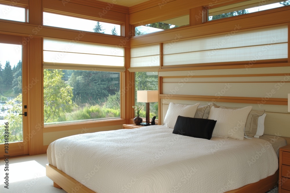 A serene, zen-inspired bedroom with a low platform bed, bamboo accents, and large windows letting in soft, natural light A serene, zen-inspired bedroom with a low platform bed, bamboo accents, and large windows letting in soft, natural light