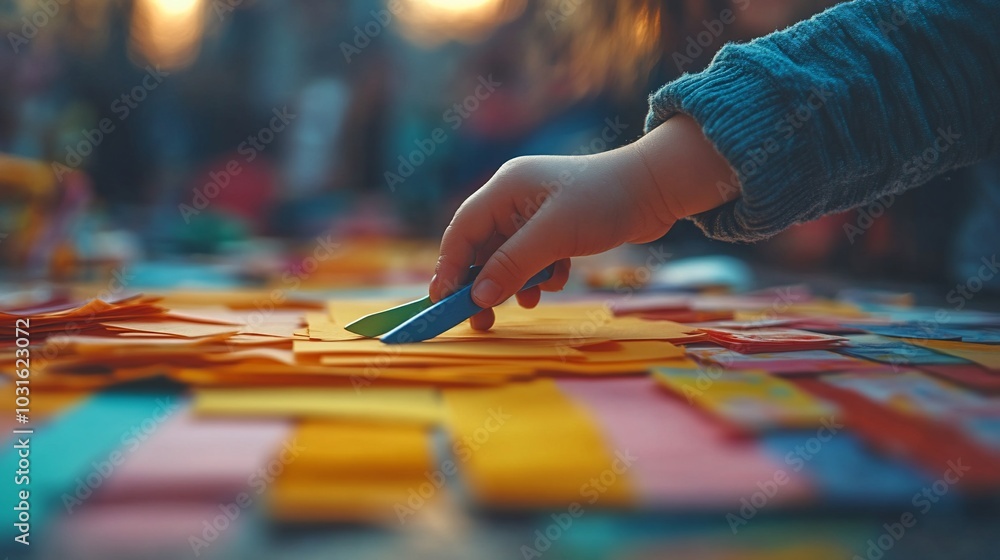 A child's hand holds a pair of blue scissors, cutting a yellow sheet of paper, surrounded by colorful paper.