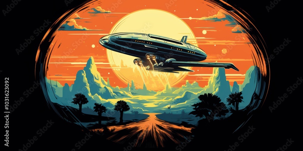 A futuristic spaceship flies over a colorful alien landscape. A futuristic spaceship flies over a colorful alien landscape.
