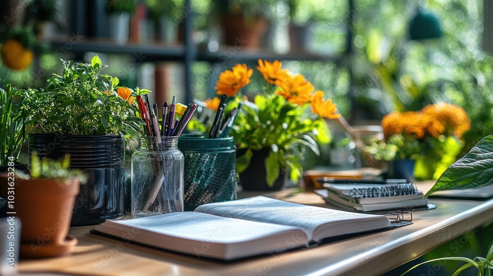 Fototapeta premium An open book, pens, and potted plants on a wooden table.