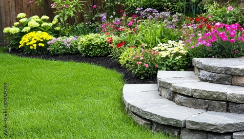 A terraced garden with stone steps, colorful flower beds, and a cozy seating area overlooking the scenic countryside