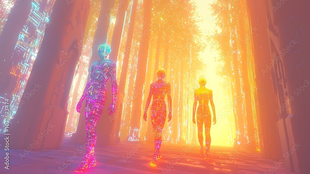 Naklejka premium Digital Humans Walking Through Abstract Portal