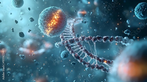 Detailed visual representation of the intricate molecular structure and genetic material of mitochondrial DNA mtDNA within the complex cellular environment of a single cell photo