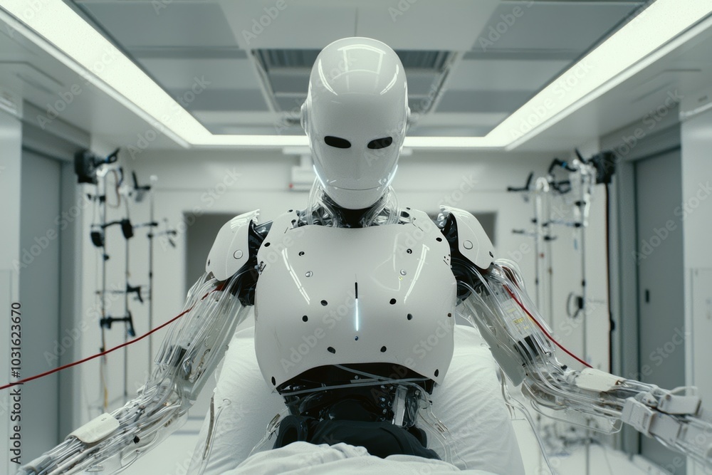 An AI-powered healthcare robot tracking a patients recovery, adjusting rehabilitation exercises to optimize progress and healing An AI-powered healthcare robot tracking a patients recovery, adjusting rehabilitation exercises to optimize progress and healing