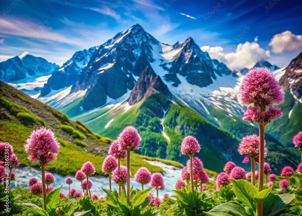 Fototapeta premium Spring Butterbur in the German Alps - Beautiful Double Exposure Photography of Pink Mountain Flowers
