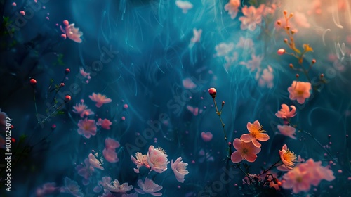 Pink Flowers in a Dreamy Blue Haze - Nature Photography