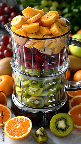 Close-up Photography Front View of  Fresh Colorful Mix of Fruits and Veggies in Blender on White Background. Perfect for a Healthy Eating Concept. Portrait for Mobile Wallpaper