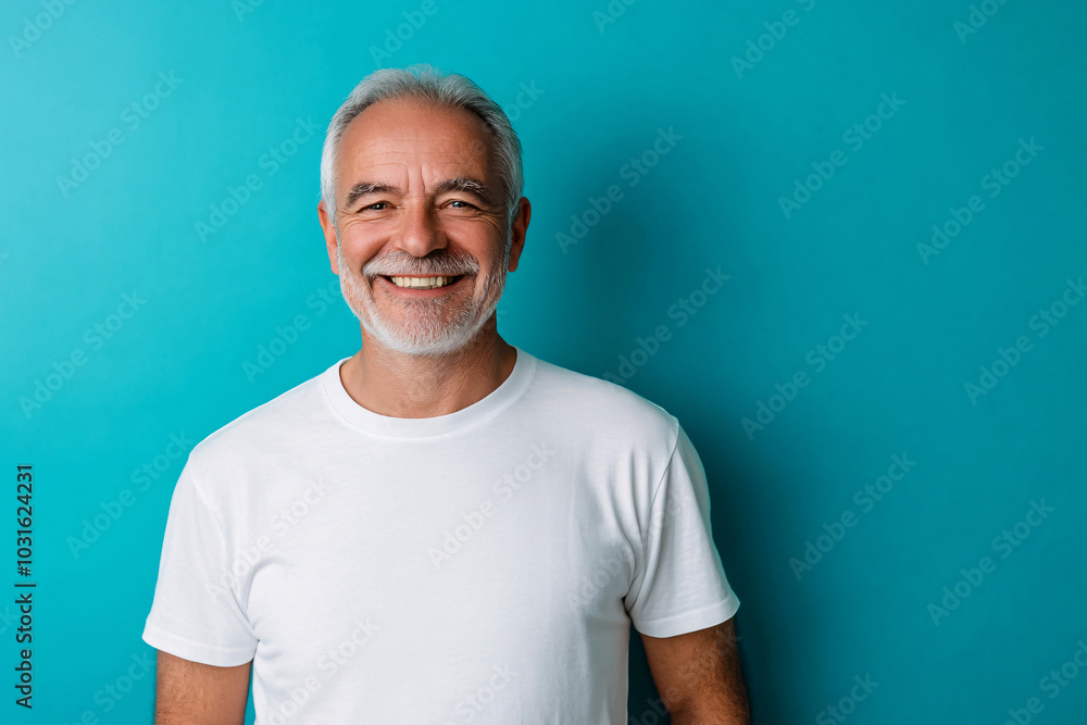 happy senior man in white tshirt on blue background happy senior man in white tshirt on blue background