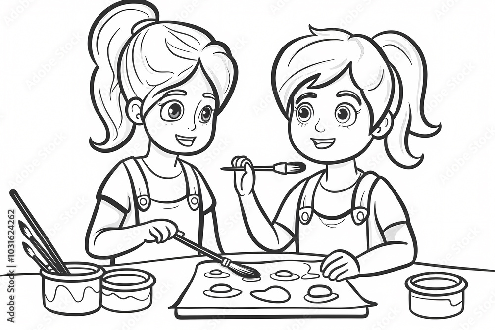 Two young girls, one with blonde hair and one with brown hair, enjoying painting together in a cheerful environment. Two young girls, one with blonde hair and one with brown hair, enjoying painting together in a cheerful environment.