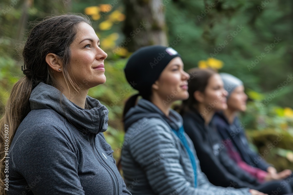 Four women sit in a row looking upward in a forest. Four women sit in a row looking upward in a forest.