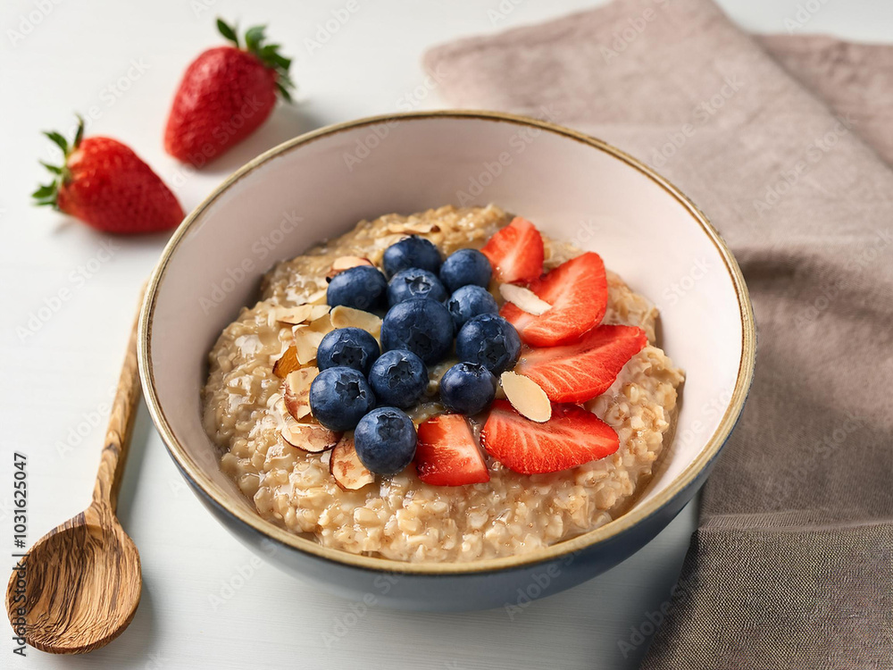 Creamy oatmeal served in a bowl, garnished with vibrant berries and crunchy almonds for a healthy meal. Creamy oatmeal served in a bowl, garnished with vibrant berries and crunchy almonds for a healthy meal.