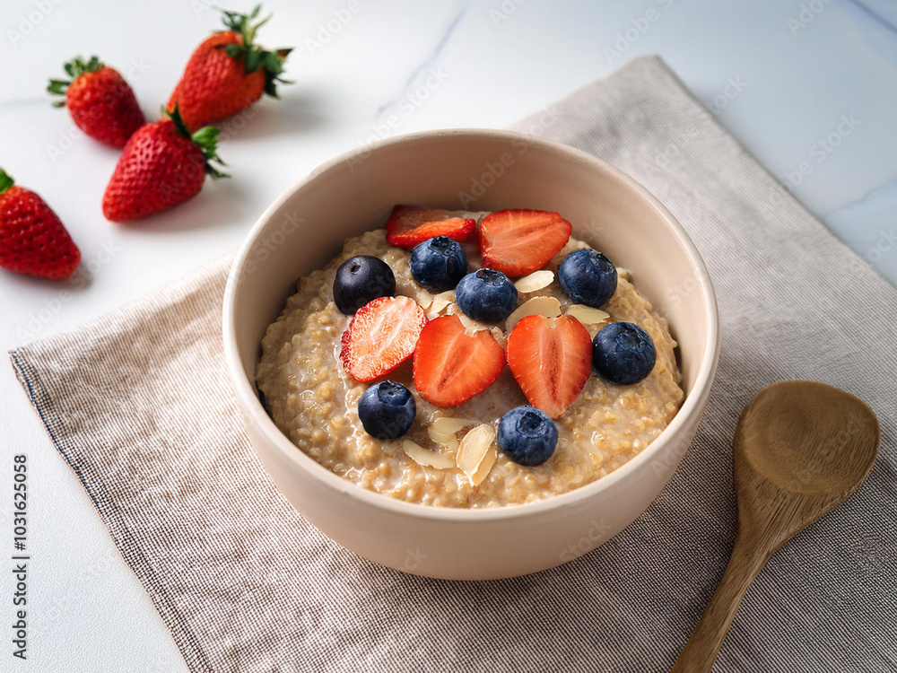 A bowl of oatmeal topped with fresh berries and sliced almonds, creating a colorful and nutritious breakfast. A bowl of oatmeal topped with fresh berries and sliced almonds, creating a colorful and nutritious breakfast.