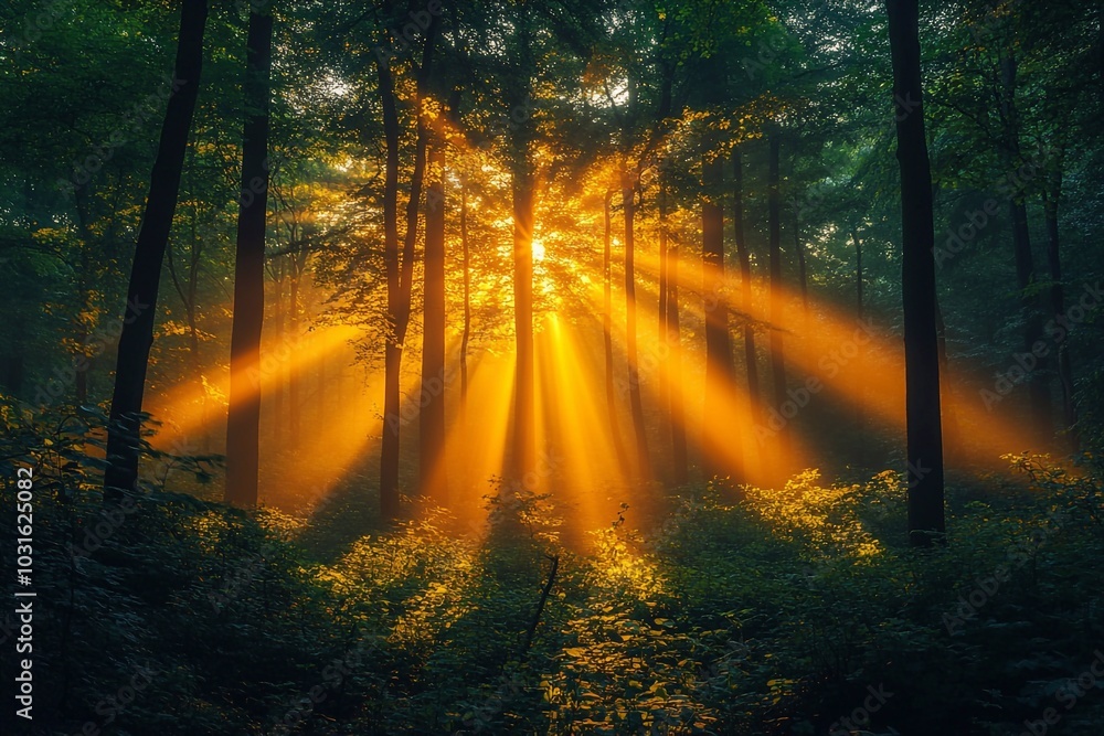 Naklejka premium Sunlight streaming through a forest canopy, with golden rays filtering through the leaves and casting gentle shadows below.
