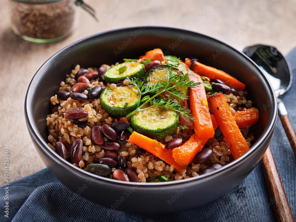 A warm vegan quinoa and vegetable stew filled with tender carrots and zucchini, ideal for a comforting dinner. A warm vegan quinoa and vegetable stew filled with tender carrots and zucchini, ideal for a comforting dinner.