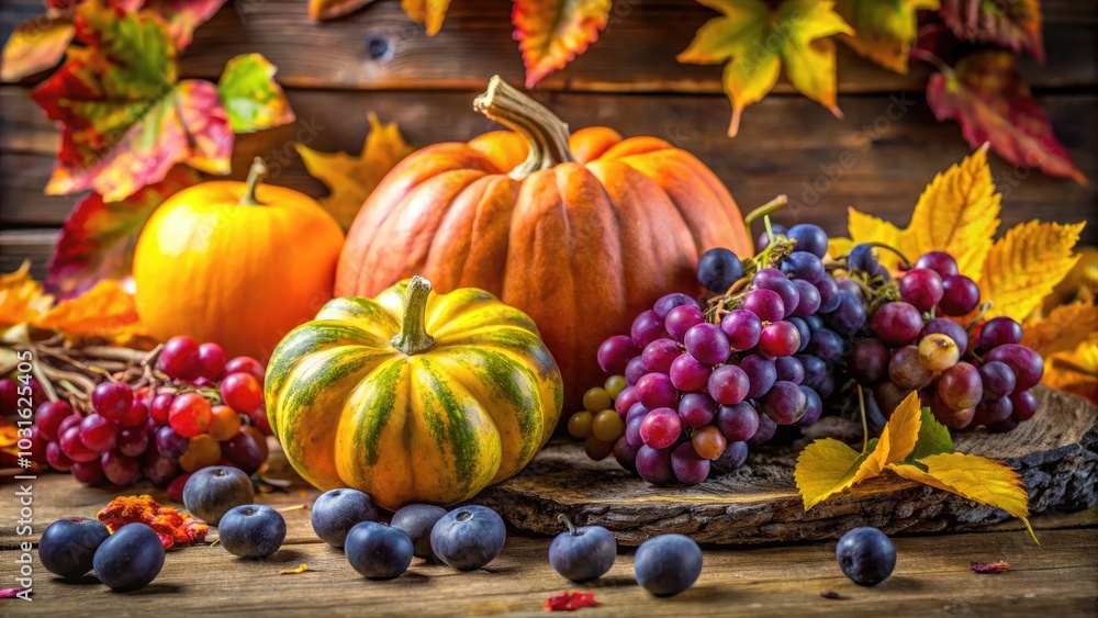 Vibrant Autumn Harvest - Colorful Pumpkins, Gourds, and Grapes in Architectural Setting Vibrant Autumn Harvest - Colorful Pumpkins, Gourds, and Grapes in Architectural Setting