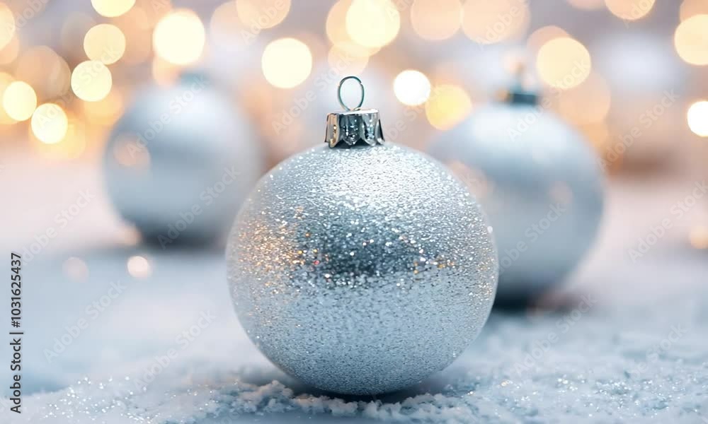 Elegant silver Christmas ball ornaments on a snowy glittering background Festive holiday with a minimalist abstract feel Elegant silver Christmas ball ornaments on a snowy glittering background Festive holiday with a minimalist abstract feel