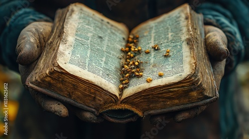 A pair of hands holding an old, worn book with corn kernels spilling out onto the pages.