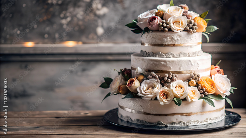 Delicious wedding cake with fruits and flowers perfectly decor. Sweet Christmas cake on table in room. Beautiful event decoration. Birthday cake Delicious wedding cake with fruits and flowers perfectly decor. Sweet Christmas cake on table in room. Beautiful event decoration. Birthday cake