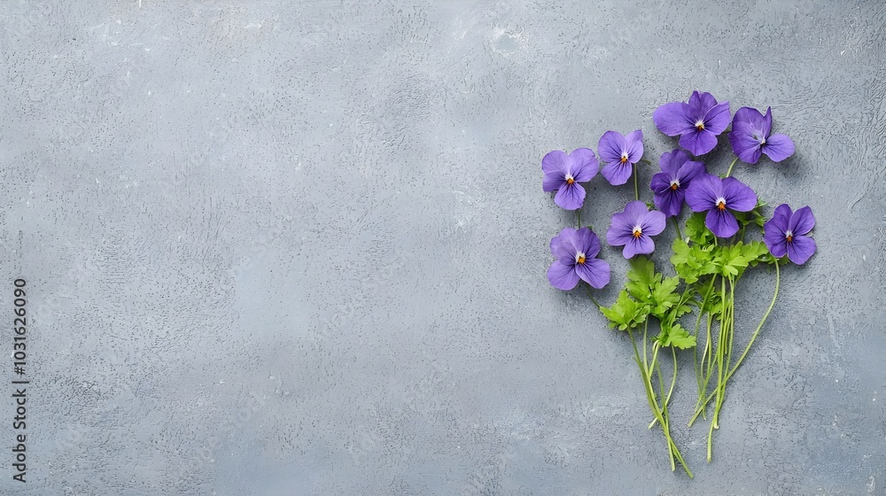 Obraz premium Elegant and Floral Arrangement Showcasing the Natural Beauty of Purple Violets Intertwined with Curved Fern Leaves Creating a Serene and Vibrant Botanical Backdrop