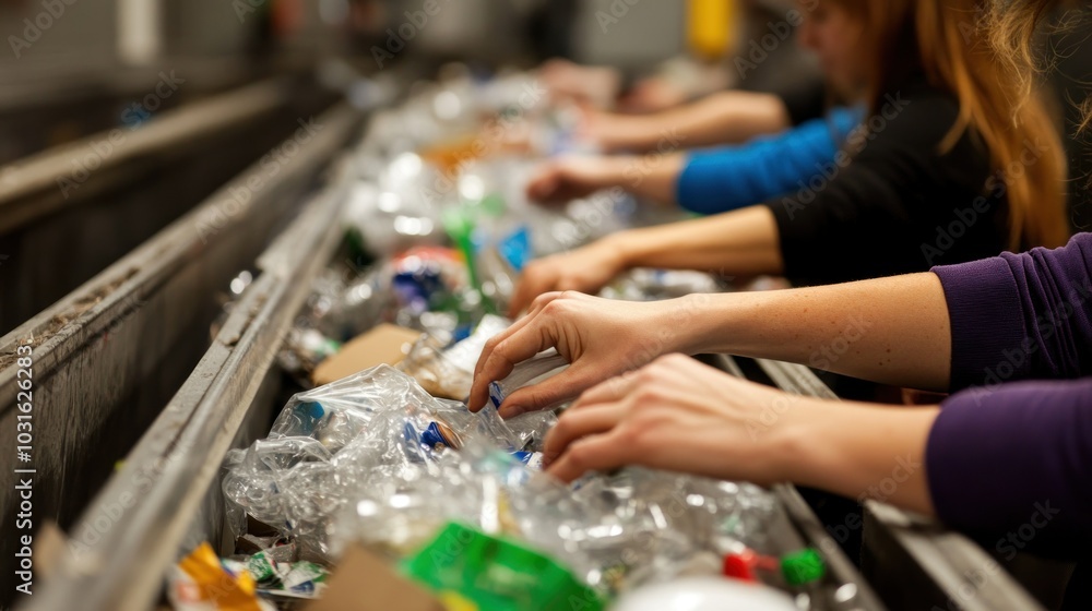 Hands Sorting Plastic Bottles and Packaging on Conveyor Belt Hands Sorting Plastic Bottles and Packaging on Conveyor Belt