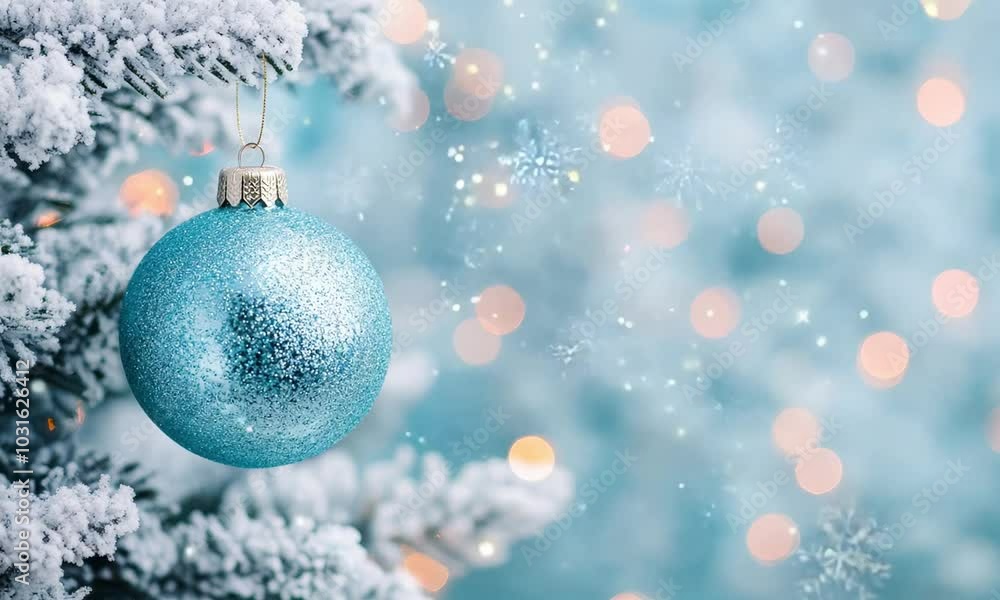 Turquoise Christmas ornament hanging on a snowy pine branch with sparkling fairy lights and a blurred shimmering background Elegant and peaceful winter holiday scene Turquoise Christmas ornament hanging on a snowy pine branch with sparkling fairy lights and a blurred shimmering background Elegant and peaceful winter holiday scene