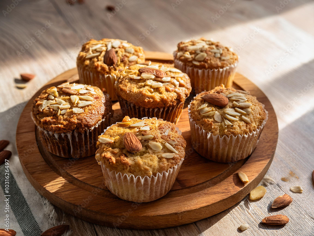 Delicious almond and coconut muffins displayed on a wooden plate, emphasizing their warm, golden-brown appearance. Delicious almond and coconut muffins displayed on a wooden plate, emphasizing their warm, golden-brown appearance.