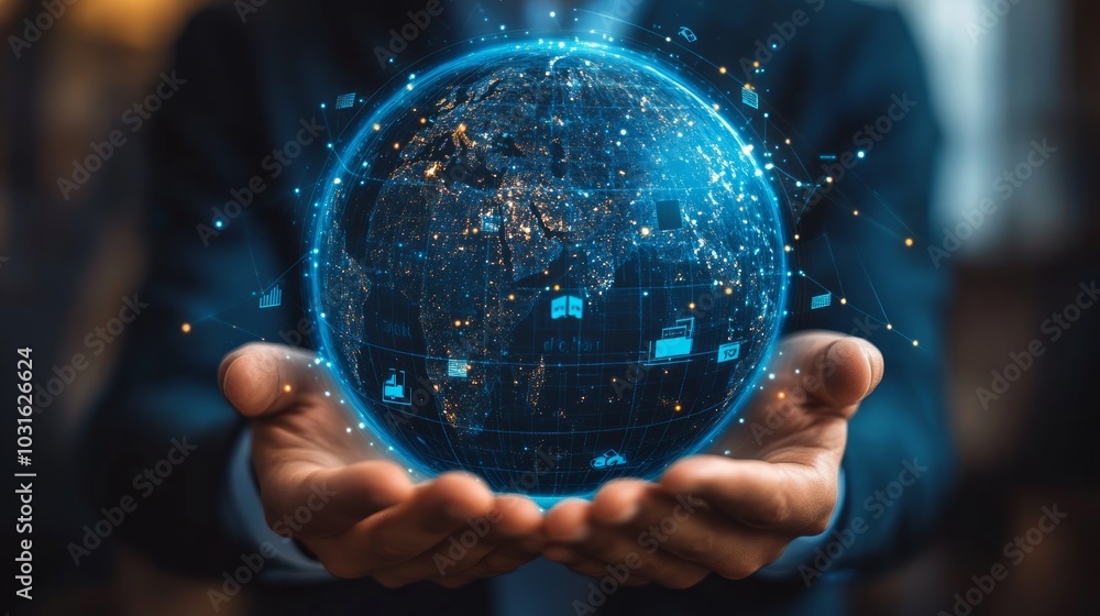 A businessman holds a glowing digital globe in his hands, representing global connectivity and the power of technology. A businessman holds a glowing digital globe in his hands, representing global connectivity and the power of technology.