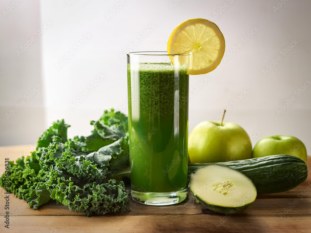 A glass filled with green juice made from kale and lemon, highlighting a nutritious and energizing drink. A glass filled with green juice made from kale and lemon, highlighting a nutritious and energizing drink.