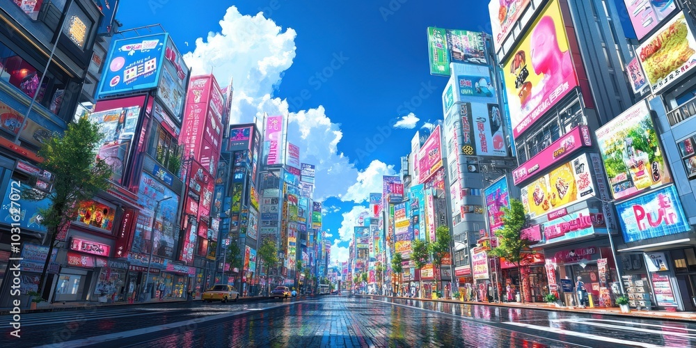 A vibrant city street lined with towering buildings and colorful billboards under a bright blue sky. A vibrant city street lined with towering buildings and colorful billboards under a bright blue sky.