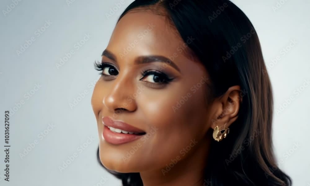 Portrait of a smiling woman with long black hair and gold earrings against a white background. Portrait of a smiling woman with long black hair and gold earrings against a white background.
