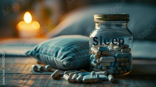 a jar labeled sleep pills to improve sleep melatonin insomnia, sedative