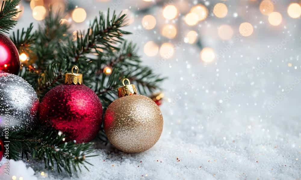 Sparkling Christmas ornaments red and gold baubles hanging on lush green fir tree branches against a blurred glowing winter background with snowflakes and glittery bokeh effects Festive cozy Sparkling Christmas ornaments red and gold baubles hanging on lush green fir tree branches against a blurred glowing winter background with snowflakes and glittery bokeh effects Festive cozy