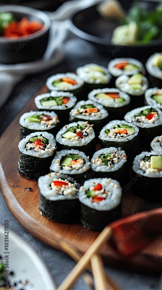 Delicious sushi rolls arranged on a wooden platter with vibrant vegetables, perfect for culinary photography or food blogs. Delicious sushi rolls arranged on a wooden platter with vibrant vegetables, perfect for culinary photography or food blogs.