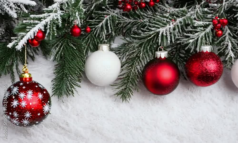 Festive Christmas with lush evergreen branches red and white ornament balls and sprigs of holly berries on a snowy winter background  Cozy and traditional holiday season concept with space for text 