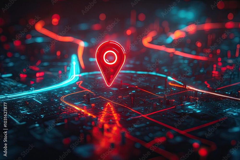 Digital map with glowing pin marker, futuristic urban landscape, dark background. Digital map with glowing pin marker, futuristic urban landscape, dark background.