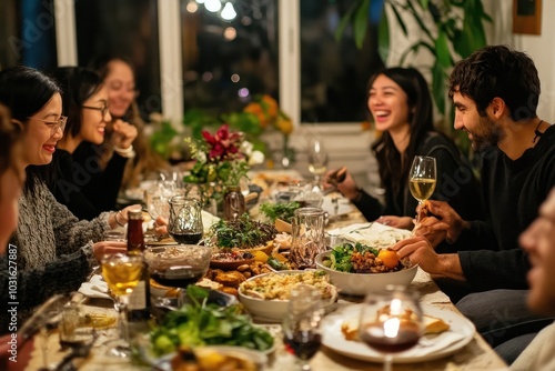 Friends enjoy a delicious meal together at a dinner party. photo