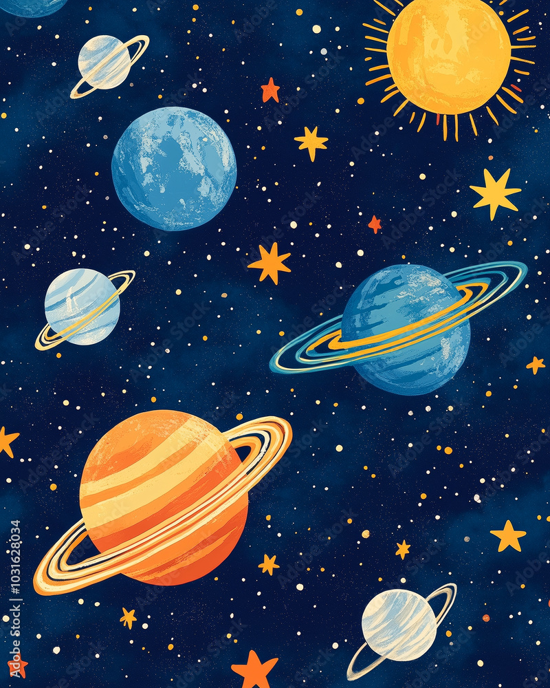 Colorful Space Pattern with Planets and Sun. Colorful Space Pattern with Planets and Sun.