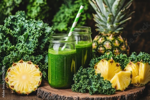 Freshly made green smoothie with pineapple and kale on wooden surface. photo