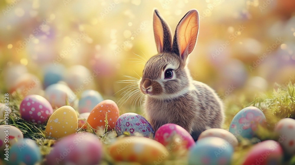 Cute Rabbit Surrounded by Colorful Easter Eggs Cute Rabbit Surrounded by Colorful Easter Eggs
