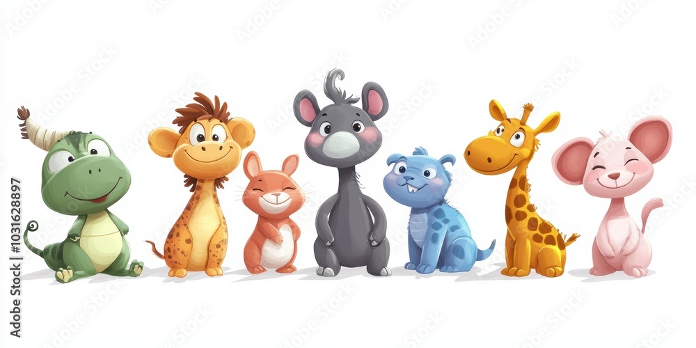 Naklejka premium Seven cartoon animals smiling, white background.