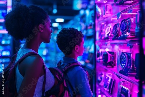 Woman and boy looking at electronics in a neon-lit store. photo