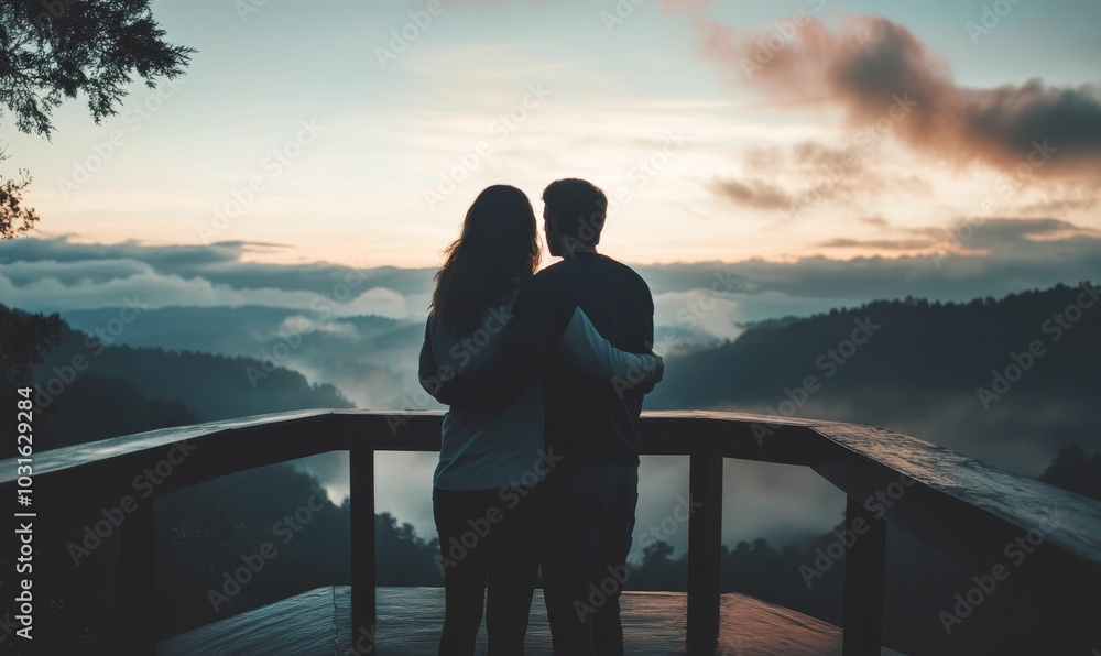 Fototapeta premium Silhouettes of couple embracing, overlooking mountains.