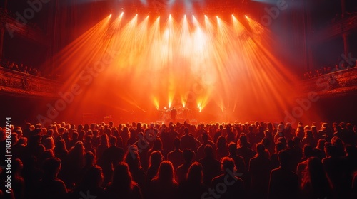 A crowd of people are silhouetted against a bright stage with red spotlights. The stage is dark and the crowd is facing the stage.