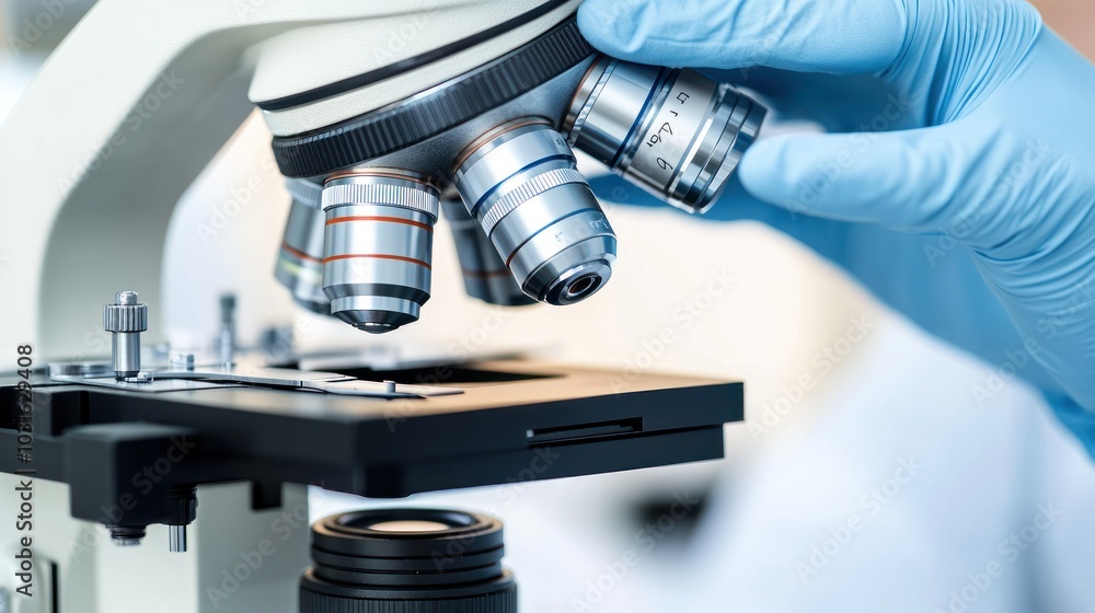Close-up of a Microscope Lens Being Adjusted with a Gloved Hand Close-up of a Microscope Lens Being Adjusted with a Gloved Hand