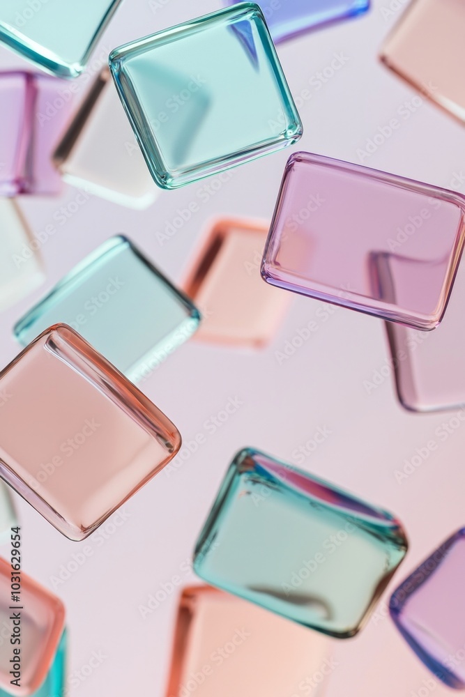 3D render of glass tabs floating on a clean background, pastel color 3D render of glass tabs floating on a clean background, pastel color