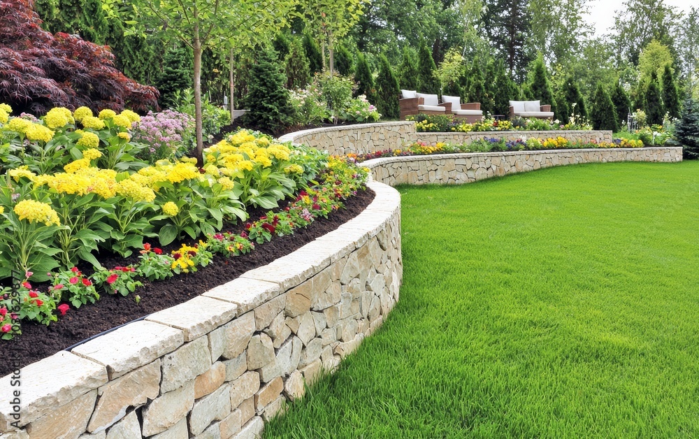 Obraz premium A hillside garden with terraced stone walls, vibrant flower beds, and steps leading down to a cozy seating area nestled among trees