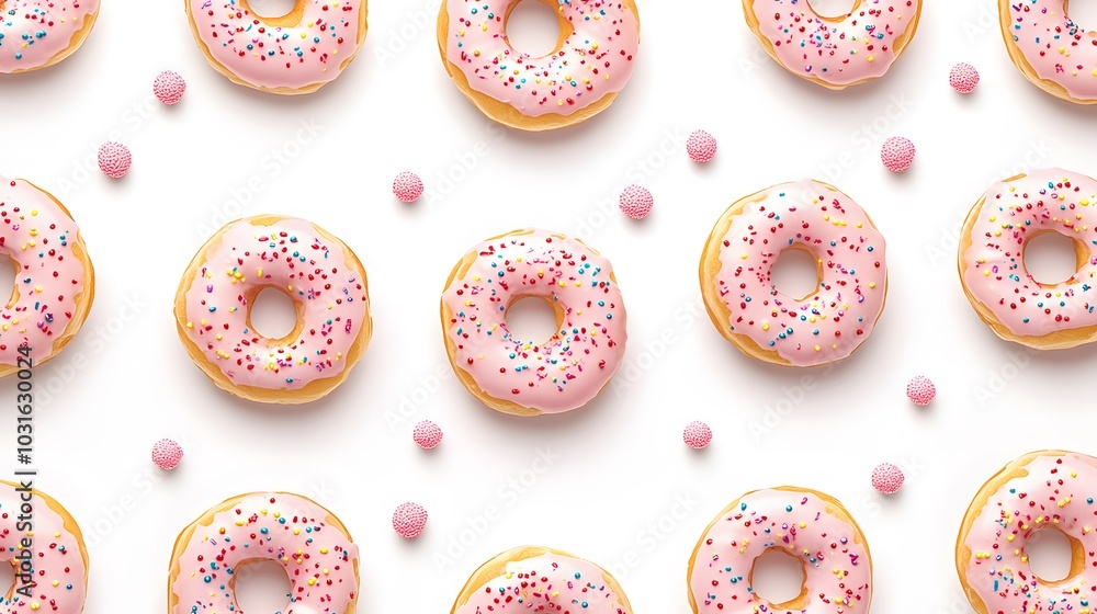 Donuts decorated icing and sprinkles on white background top view copy space pattern. Donuts decorated icing and sprinkles on white background top view copy space pattern.